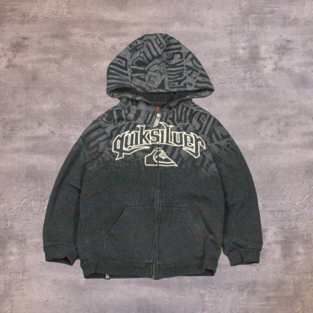 Y2K 2000's 00's Quiksilver AOP Grunge Surf Skate  Black Zip Y2K Hoodie